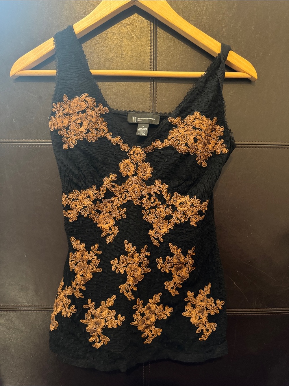 INC International Concepts Black Brown Floral Embroidery Dressy Tank Cami Top P